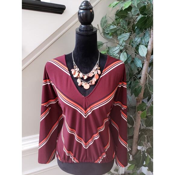 Express Blouse Top Women's Large Red Striped Elastic Waist Long Sleeve V Neck - Picture 2 of 13